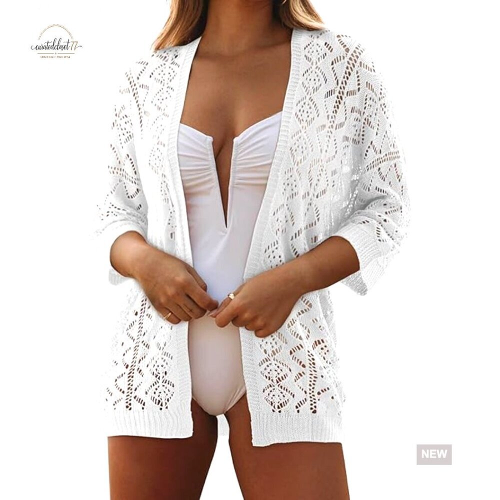 Lightweight Crochet Cardigan Open Front 3/4 Sleeve Summer Coverup